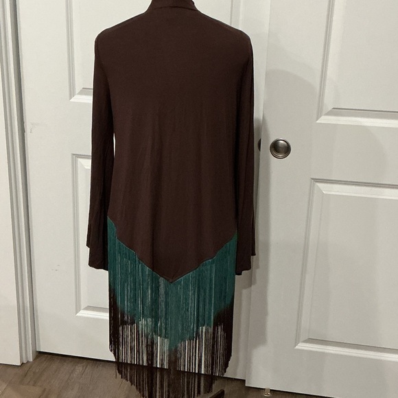 Boston Proper Women’s  Western Boho Brown Teal Fringe Open Cardigan Size Medium - Picture 6 of 15